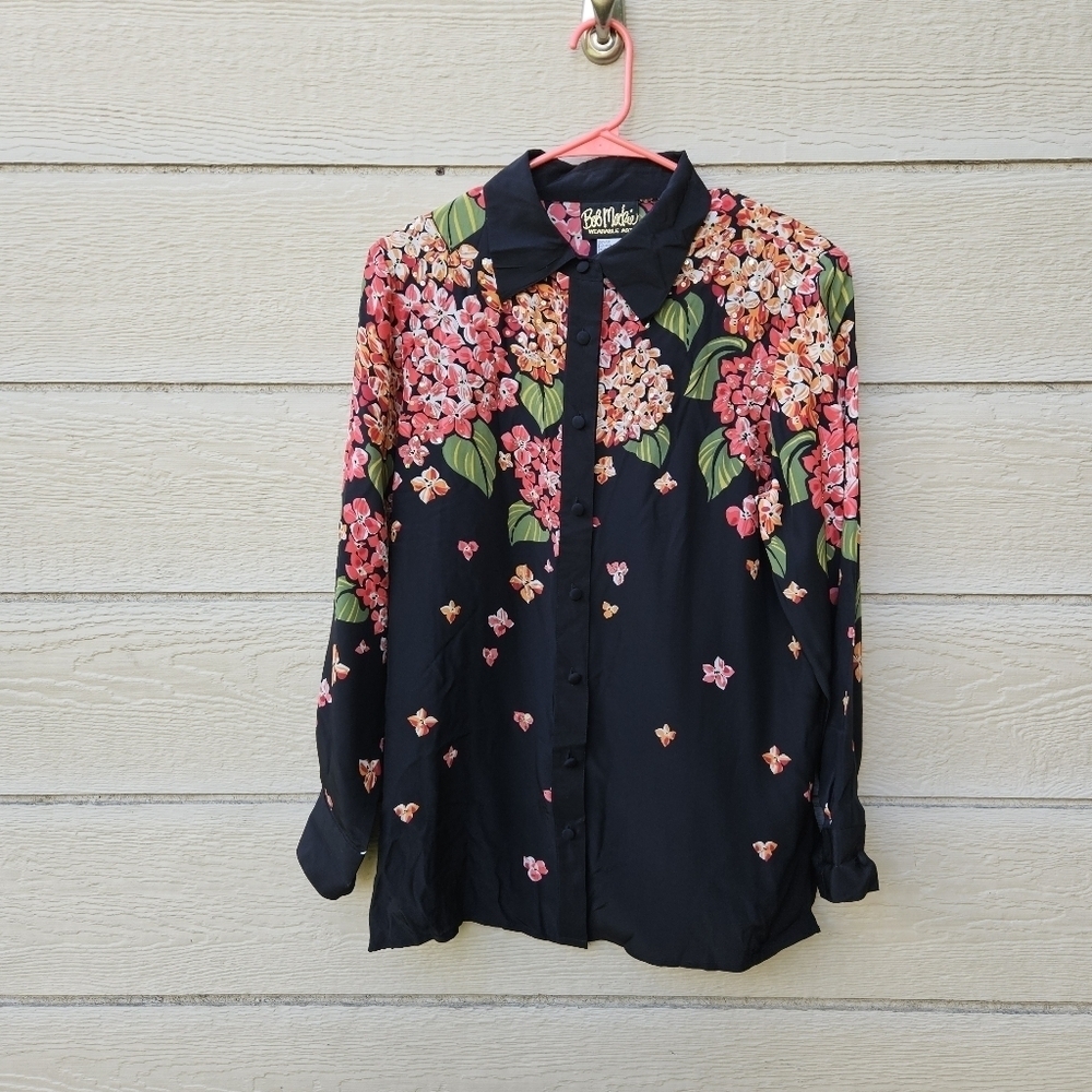 Bob Mackie Wearable Art black silk floral beaded oversized shirt small